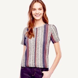 Ann Taylor Striped Short Sleeve Fringe Raw Hem Tee
